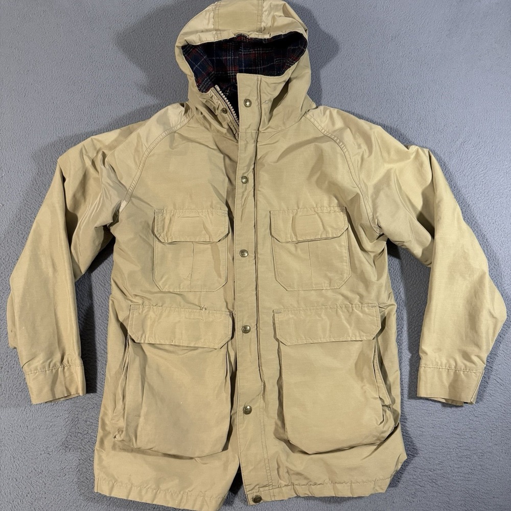 Vintage Men's Woolrich Tan Flannel Wool Lined Full Zip Snap Up Hooded Jacket Med